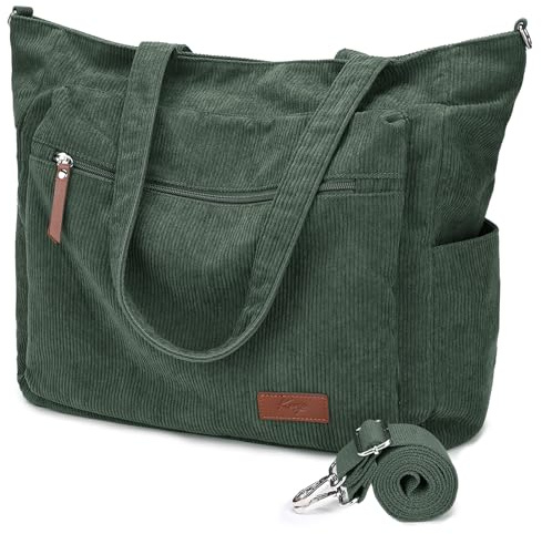 Kasgo Grand Cabas Femme Velours Côtelé, Léger Sac Fourre Tout Zippé 15,6 Pouces Poches Multiples Pratique Sac à Main Bandoulière avec Bandoulière Amovible pour Travail École Voyage Gym Vert