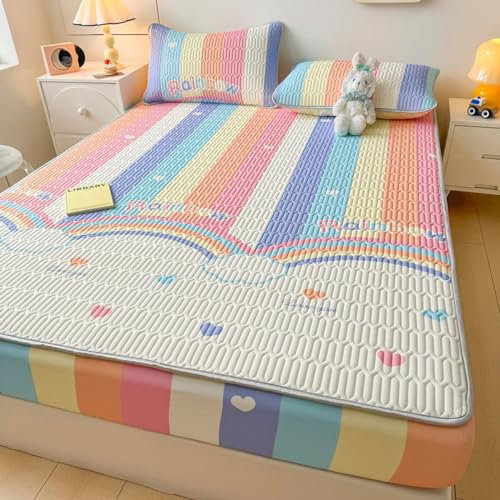 FOREPOTY weich Spannbetttücher,Coole Sommerbettwäsche aus Latex, Matratzenschoner mit Cartoon-Aufdruck für Kinderzimmer, Bettbezug für Kinderzimmer, Regenbogen, 150 x 200 cm (3 Stück)