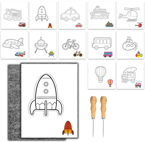 Set di formicolatori per bambini, set creativo per bambini a partire dai 6 anni, set di uncinetti con 2 feltro per formicolio, 2 ferri e 12 immagini da ricamo, kit per arte sicuro e progettato per