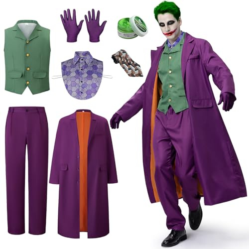 IEEILULU Joker Kostüm Herren, Horror Clown Kostüm Herren Halloween Killer Joker Outfit Set mit Lila Mantel, Grüne Weste, Hose, Krawatte, Falschem Hemdkragen und Handschuhen für Halloween