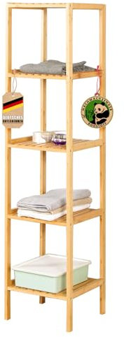 Floordirekt Bambus Regal, schmales Standregal für Badezimmer, Schlafzimmer, Wohnzimmer, Holzregal mit 3/5 Etagen, Regal Größe 34 x 33 x 146 cm (Lowa) (5 Etagen)