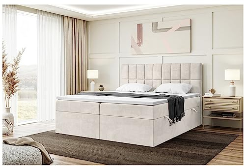 MEBLINI Boxspringbett mit Bettkasten - 200x200 - Gepolstert Doppelbett mit Matratze und Topper - Polsterbett mit Stauraum - Bett mit Kopfteil - Stauraumbett - Lukas - H4/Beige Samt