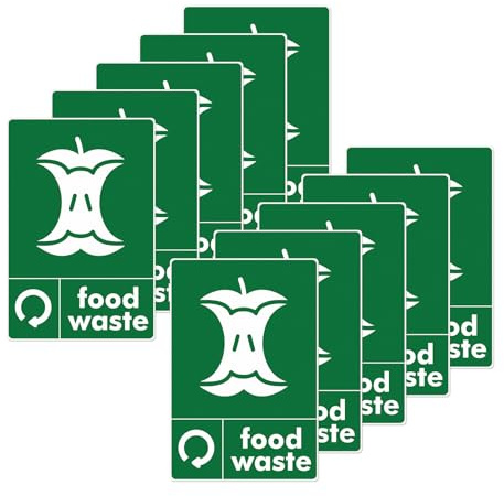 YIKIADA 10 Pack Food Waste Sticker 100×150mm Vinyl Removable | Waterproof, Self Adhesive, Recycling Bin, Decal for Home Office Outdoor Indoor