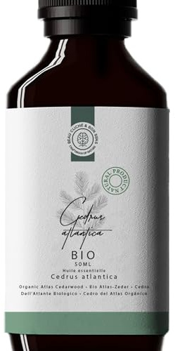50ml Aceite Esencial de Cedro (Cedrus atlantica) BIO - 100% Puro, Natural y Orgánico - Auténtico Aroma a Cedro para Difusor, Fabricación DIY: Jabón, Cosmética, Velas, Spray
