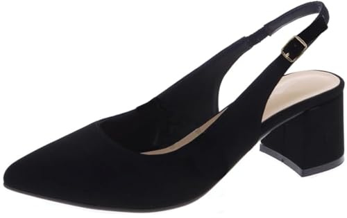TruFox Women Pointed Toe Block Heel Pumps Slingback Chunky Low Mid Kitten Heel Slip On (Black, Size 8)
