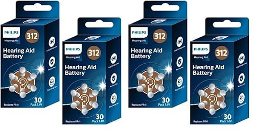 PHILIPS x60 Pilas 1.4V para Audífonos 312 (Hearing Aid Battery) ZA312BX30/00, Tecnología Premium Zinc Air, Batería de Larga Duración, Pestaña Abre-Fácil, Tipo PR41 (60 Unidades) Color Marrón