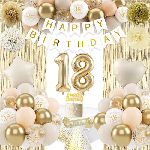 18th Birthday Decorations for Girls, Boho Sand White Gold Balloons, 18th Party Decorations, Happy Birthday Banner, Golden Fringe Curtain Tablecloth Sash Paper Pom Poms for Girls Party Supplies