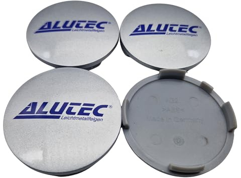 4X Alutec Nabendeckel 64mm Silber (N32) Logo Blau (ALC) - Original Felgendeckel/Nabenkappe/Hubcap