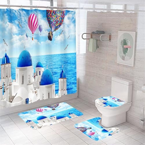 Badezimmerteppich Blaues Weißes Haus Badteppich rutschfest Waschbar Badgarnitur 4 Teilig – Badematte Set Mit Wc-Vorleger Und Badematte,Teppich Badezimmer Für Sicherheit Und Komfort Im Bad 45X75Cm