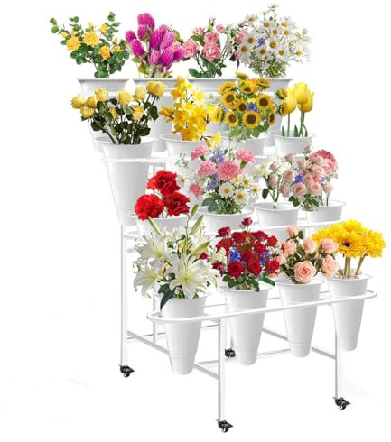 JIANFA Pflanzenständer aus Metall mit 4 Etagen, mit 16 Kunststoff-Eimern für frische Blumen, robuster Gartenwagen, beweglicher Blumeneimer, Ständer mit Rädern für Floristen, Terrasse, Garten (weiß)