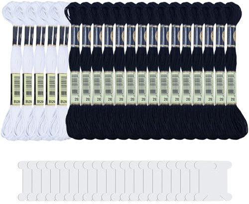 20 Stück Weiß Schwarze Stickgarn mit 20 Spulen, Stickerei Stickseide Schwarzes Kreuz Stichgarn Baumwolle Handarbei Fäden Nähen Basteln Fäden zum Stricken, Stickerei Nähen Projekte (Schwarz & Weiß)