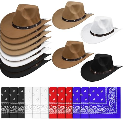 LYCN 12er Cowboyhut Damen Herren, Western Cowboyhüten mit 12 Bandanas, Cowgirl Hut mit Gürtelschnalle Stern-Dekoration für Faschingskostüme, Wilder Westen, Reitpferde, Mottoparty
