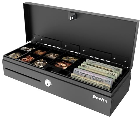 Beelta 18 Cash Drawer with Key for POS System –Removable Tray, 6 Bill/8 Coin Money Box with Micro Switch– RJ11/12 Compatible with Square, Clover, Epson Printers, BFT460B