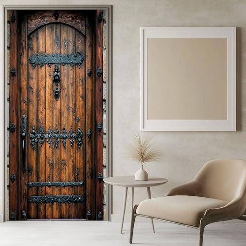 3D Türaufkleber Altes Schloss Rustikale Holztür 100x200 cm Braun Türtapete Selbstklebend Türposter Türfolie, Türsticker PVC Wasserfest Wandbild Wandaufkleber für Kinder bad büro