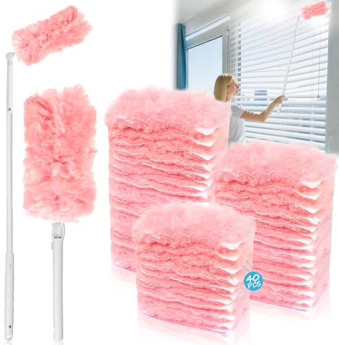 KOVSGQ pour swiffer plumeau poussiere Recharge swiffer plumeaux 40 Pcs plumeau telescopique 3D 360° 1 poignée 1 Manche télescopique pour Nettoyer la Poussière la Saleté Les Poils Plumeaux(Rose)