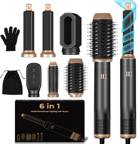 MogaWave Hairstyler Föhnbürste 6 in 1, 60000RPM Haartrockner Bürste, Lockenstab mit Luft Links/Rechts,3 Temperaturregelung,Airstyler Set,Sie dem Haar Volumen, Locken und Föhnen Sie Trockenes Haar