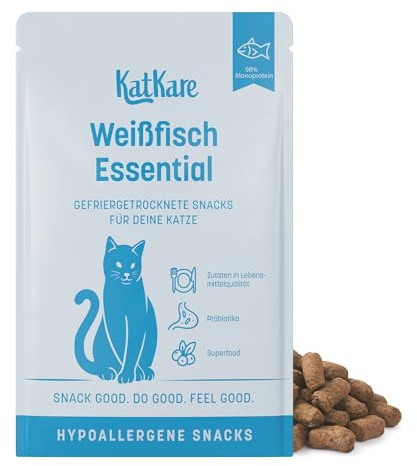 KatKare Hypoallergene Gefriergetrocknete Katzensnacks für empfindliche Katzen - Monoprotein Katzen Leckerlis Getreidefrei, ohne Zusatzstoffe, Monoprotein Proteinquelle - Weißfisch Essential - 30g