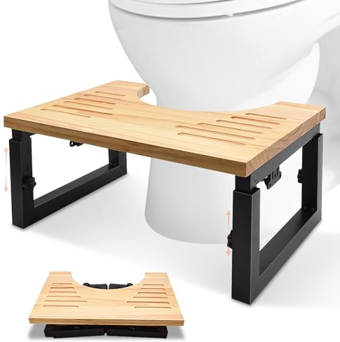 Yiomxhi Sgabello WC Pieghevole in Legno, Altezza Regolabile Sgabello Poggiapiedi Bagno con Pad Antiscivolo, Squatty Toilette per Adulti Bambini e Anziani