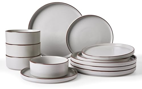 Richmount Halo Plates and Bowls Set, 12 Pieces Dinner Set for 4, Stoneware Dinnerware Sets with Dinner Plates/Salad Plate/Cereal Bowls, Dishwasher & Microwave Safe, Light Grey