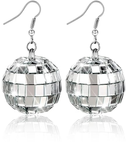 Discokugel Ohrringe, MirrorBall Earrings, Lustige Ohrringe, 80er Jahre Disco Kugel Ohrringe, für Damen Und Mädchen Retro Disco Motto Party Kostüm Zubehör (Silber)