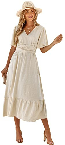 HEYPORK Damen Frühling Sommer Rock Bequem Lässig Kleider Elegant Röcke Frauen V-Ausschnitt Solide Farbe Lotus Blatt Ärmel Lässig Langes Kleid
