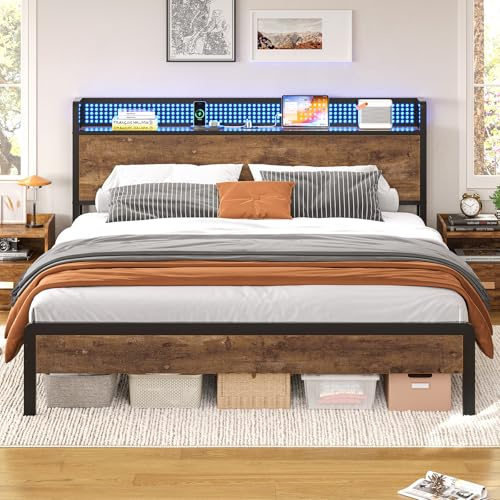 KIMENICH Bett 160X200 mit LED-Beleuchtung, Bettgestell 160x200 Lattenrost aus Metall, Metallbett mit Ladestation, Holzkopfteil mit Stauraum, Stauraum unter dem Bett, Schlafzimmer, Vintage-Braun
