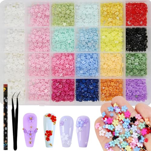 Kit de 10 000 piezas de adornos y cuentas de flores 3D para decoración de uñas: 24 piezas de resina para decoración de uñas con diseños florales de dos tamaños, incluye pinzas de aplicación y lápiz