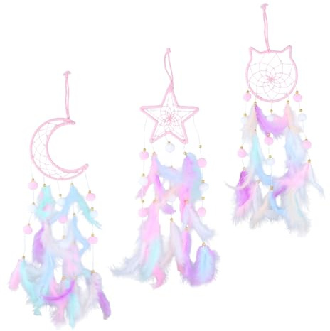 Culinavog 3 Piezas Atrapasueños con Plumas y Cuentas, 56cm atrapasueños Grande con Forma de Luna, Gato y Estrella, atrapasueño Infantil para Decoración Colgante de Pared o Dormitorio(Rosa)