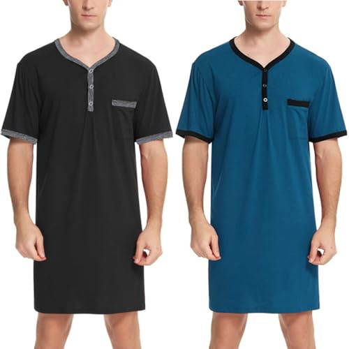 Pijama Larga Hombre Algodón Camisetas de Pijama Hombre Mangas Cortas Camisa de Dormir Ropa de Dormir Pijama Sexy Casual Cómodo Negro+Azul*Corto-A XL
