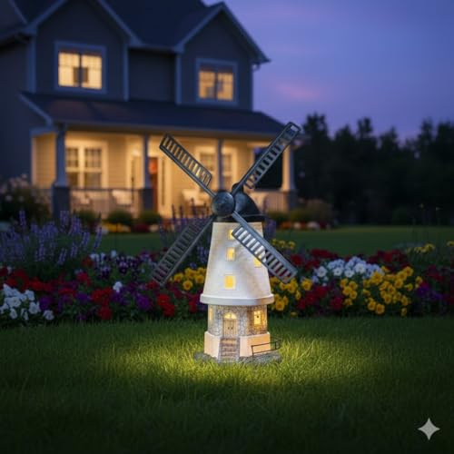 Solar Powered Windmill Garden Light with Moving Blades – Outdoor Decorative Garden Ornament, Automatic Dusk to Dawn LED Lighting, No Wiring Required, Weatherproof Garden Décor