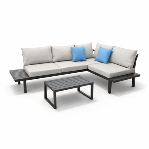 greemotion - Gartenlounge-Set Samoa Aluminium-Holz-Optik inkl. Auflagen & Tisch 155x70x63 cm - Lounge-Set wetterfest - Für Garten & Terrasse - modern, schwarz