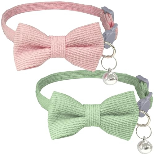 BEZHO 2 Stück Katzenhalsband mit Schleife und Glocke, Schnellverschluss Halsband aus Cord für Kätzchen, Ausreißsicher (Rosa, Grün)
