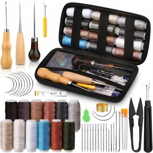 Kit de Costura de Cuero de 32 Piezas, Set de Costura con Agujas de Coser a Mano, Hilo Encerado, Punzón, Tijeras, para Reparador Cuero, Manualidades DIY y Accesorios Costura