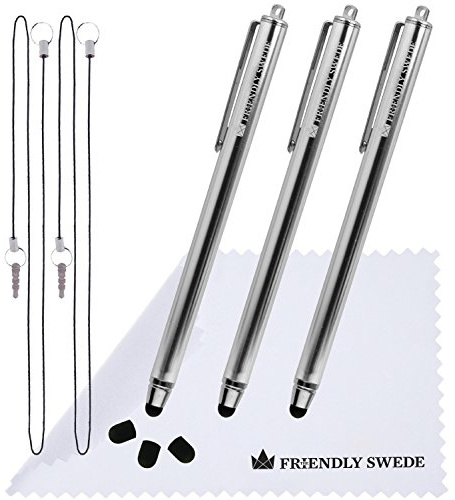 The Friendly Swede Eingabestift Touchstift Stylus Stift (3er-Set) für Tablett und Handy, mit dünnerer Spitze, Ersatzspitzen, Anhängern und Reinigungstuch (Silber)