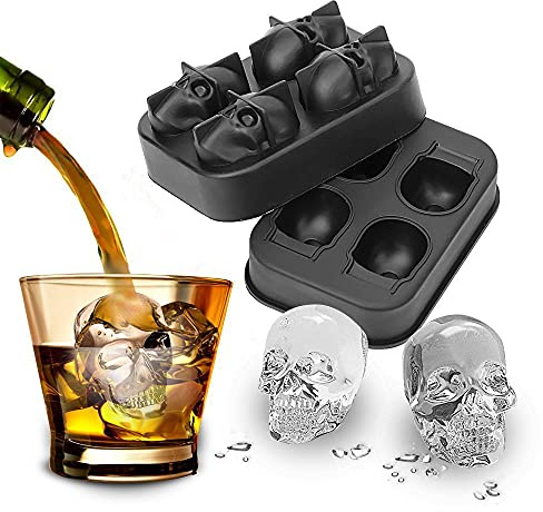 PREMIUM 3D Totenkopf Eiswürfelform für erfrischende Eiswürfel in Whiskey und Longdrink Gläser zum selber machen I Skull Eiswürfelbehälter mit Deckel aus Silikon wiederverwendbar & zu 100% BPA-frei (1)