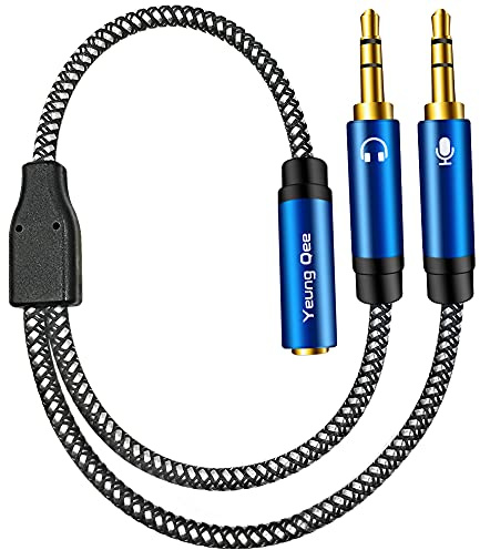 Yeung Qee Headphone Mic Splitter CTIA Standard 3.5mm Female to 2 Dual 3.5mm Jack Male Microphone Audio Y Splitter Adapter Cable Compatible with PC,Laptop Desktop,Gaming Headset, Speaker (1m,blue)