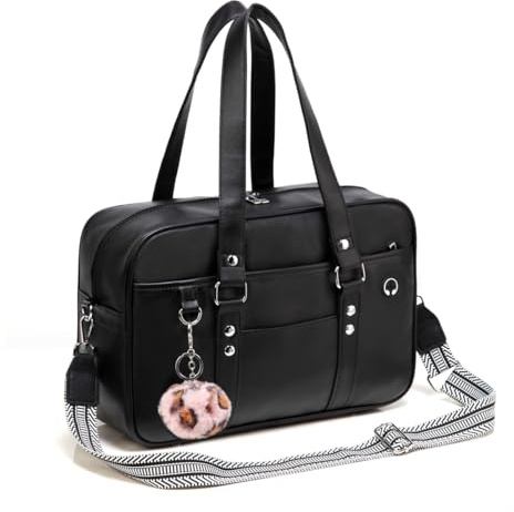 Chillpaper Große japanische Schul-Umhängetasche, Kunstleder-Tragetasche, Kuriertasche, Umhängetasche mit rosa Pompon-Streifen, A3 Big Size, schwarz, Large, Japanische Kuriertasche, Tragetasche,