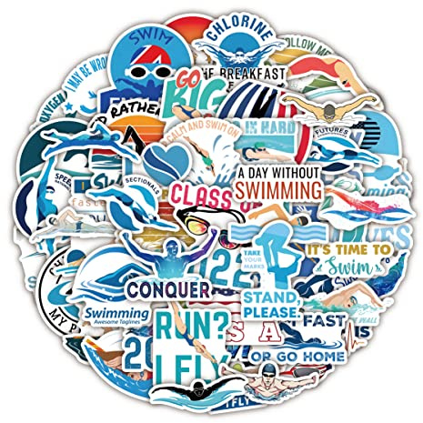 50Pcs Swim Stickers Laptop Scrapbook Phone Computer Skateboard Swimming Stickers Vinyl Waterproof Aesthetic Personalised Stickers for Teens Boys Girls Adults Children