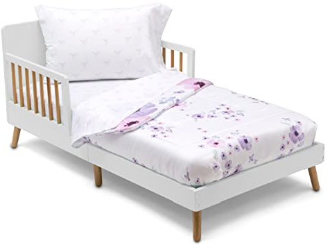 Delta Children 4 Piece Toddler Bedding Set for Girls - Reversible 2-in-1 Comforter - Includes Fitted Comforter to Keep Little Ones Snug, Bottom Sheet, Top Sheet, Pillow Case - Purple Bouquet