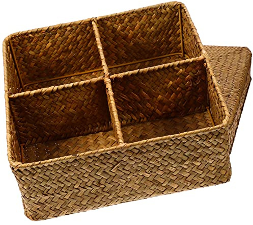 Zerodeko Rattan Storage Basket 4 Compartment Wicker Baskets Coffee Station Organizer Tea Bag Holder Toilet Paper Small Basket Woven Seagrass Baskets Bins with Lids