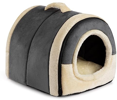 Hollypet Katzenbett Kleines Hundebett, 2-in-1 Faltbare Haustierbett für Katzen & Kleine Hunde, Warmes Höhlennest Kristallsamt-Katzenhöhle Indoor Outdoor, Dunkelgrau