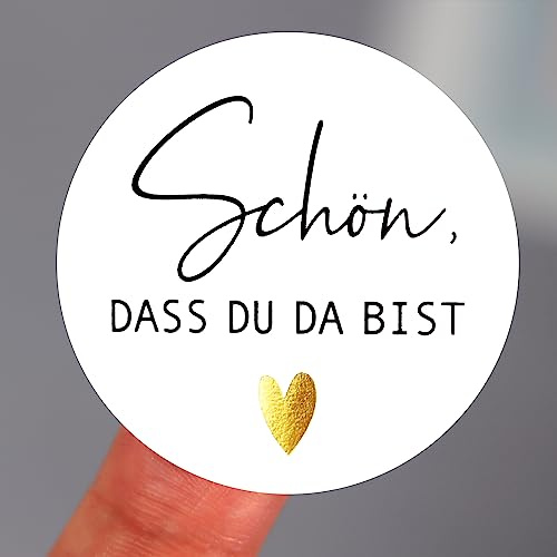 120 Pcs 4cm Schön dass du da bist Sticker Hochzeit Aufkleber Rund Herz Goldfolie Gastgeschenke Hochzeitsdeko Taufe Kommunion Konfirmation Deko (Schwarz)
