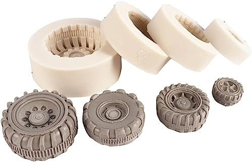 4Pcs 3D Pneu Fondant Moule, Rond Voiture Camion Tracteur Roue Moule Silicone Moule pour Gâteau Décoration Chocolat Jello Faire Moule Argile Outil