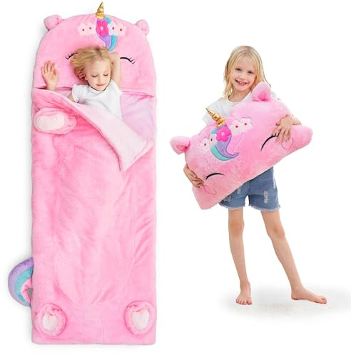 iPlay, iLearn Kinder-Schlafsack, Einhorn-Schlafsack, Kleinkind-Mädchen, Plüsch-Schlafsack, 2-in-1 rosa Kissen für Kindertagesstätte, Vorschule, Kindergarten, drinnen und draußen, Winter, Reisen,