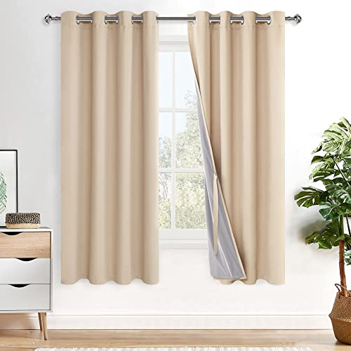 XWZO 100% Blickdicht Vorhänge, Doppellagige Dicker Verdunklungsvorhänge mit Ösen, Schallschutz Thermovorhänge 2er Set Schlafzimmer Gardinen, Blackout Curtain, 175x140 cm(HöhexBreite), Beige