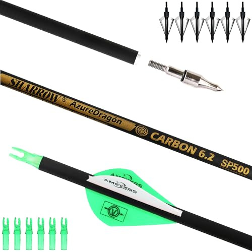 AMEYXGS 30 Flechas de Carbono 300 350 400 500 600 Spine Flechas de Caza con Puntas Reemplazables Flechas de Práctica para Arco Compuesto, Recurvo y Arco Largo (500 Spine, Verde)