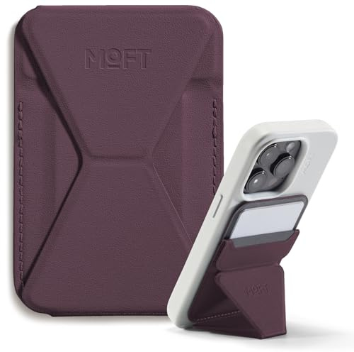 MOFT MagSafe Cartera Soporte para iPhone 17/16/15/14/13 Series Compatible con MagSafe, Soporte Magnético de MOVAS Cuero Vegano para Teléfono con 3 Ángulos de Visión, 2 Soportes Tarjetas (Mora)
