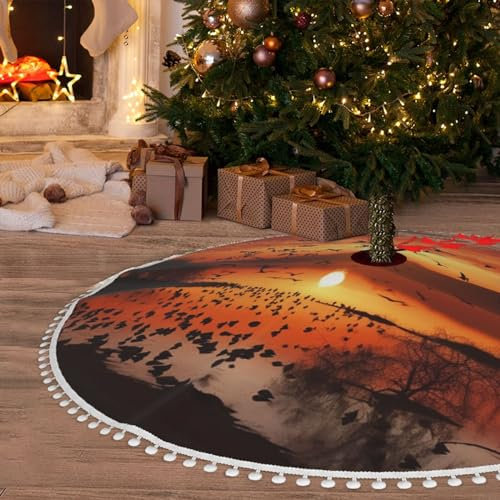 76,2 cm Weihnachtsbaumrock mit Pompons Vögel bei Sonnenuntergang Weihnachtsbaummatte Abdeckung Weihnachtsbaum Rock für Weihnachten Urlaub Party Weihnachtsdekoration Ornamente Pom Poms Baumrock für