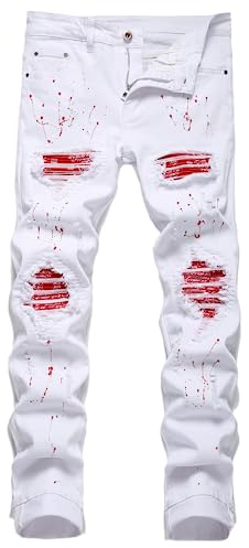 OIIIO Men's Patch Ripped Stretch Regular Fit Jean (42, 6624 White)