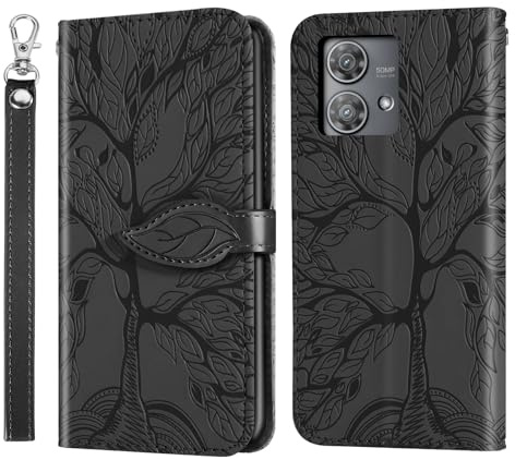 Rostsant Funda para Motorola Moto Edge 40 Neo Árbol en Relieve Carcasa de Cuero PU Motorola Moto Edge 40 Neo Cartera Magnético Funda Teléfono Billetera para Motorola Moto Edge 40 Neo Negro